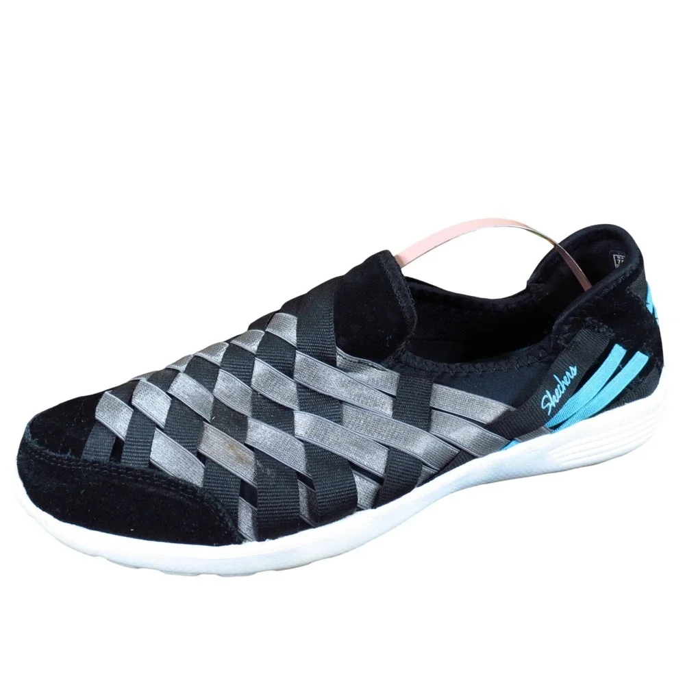 Skechers Woven Women‎ Athletic Slip On Sneakers Size 7.5 Walking Black Silver